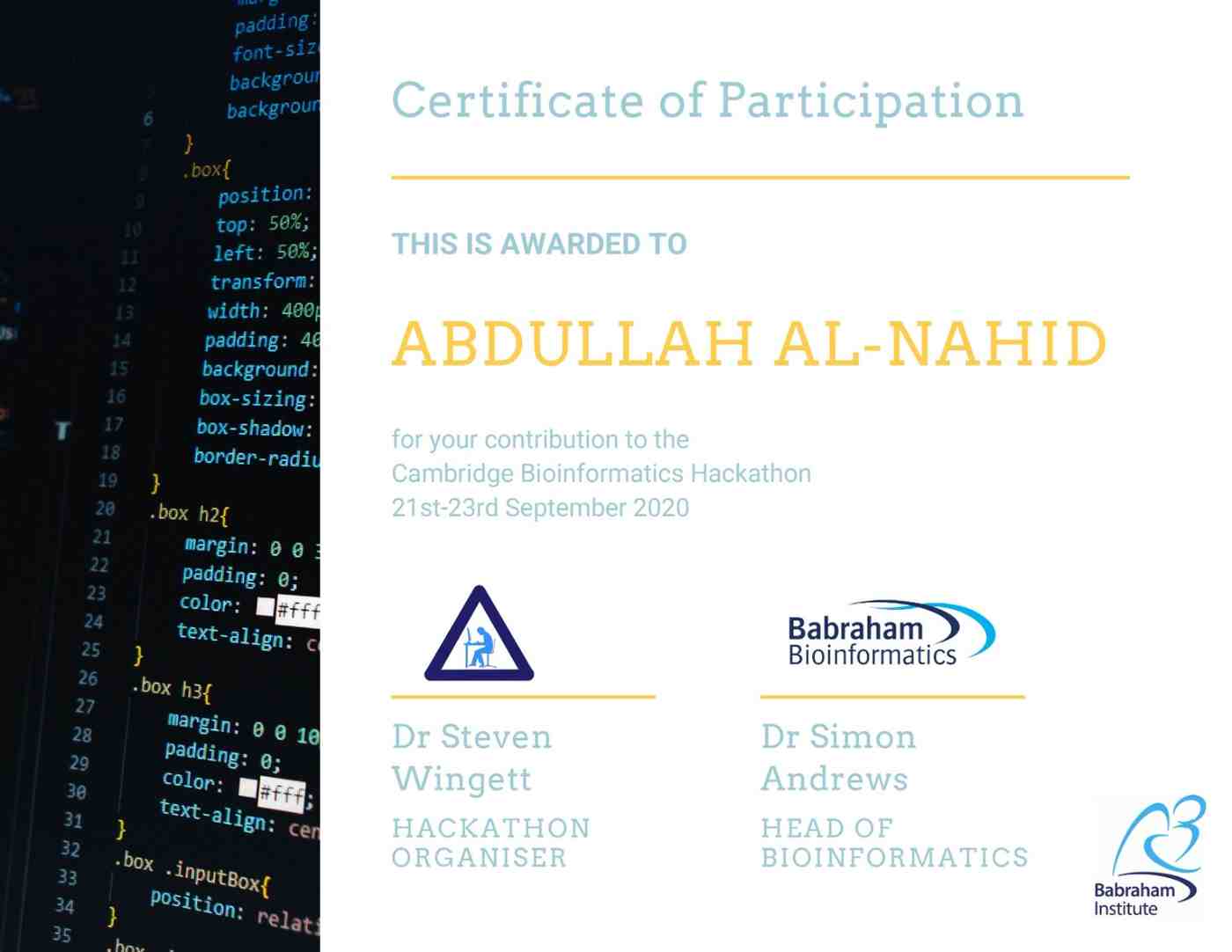 I have successfully completed the <a class="urls" href="https://twitter.com/cambiohack">Cambridge Bioinformatics Hackathon 2020</a>, organized by the Babraham Bioinformatics Group, UK. The final presentation slides of the hackathon have been <a class="urls" href="https://doi.org/10.7490/f1000research.1118352.1">published in F1000Research</a>.