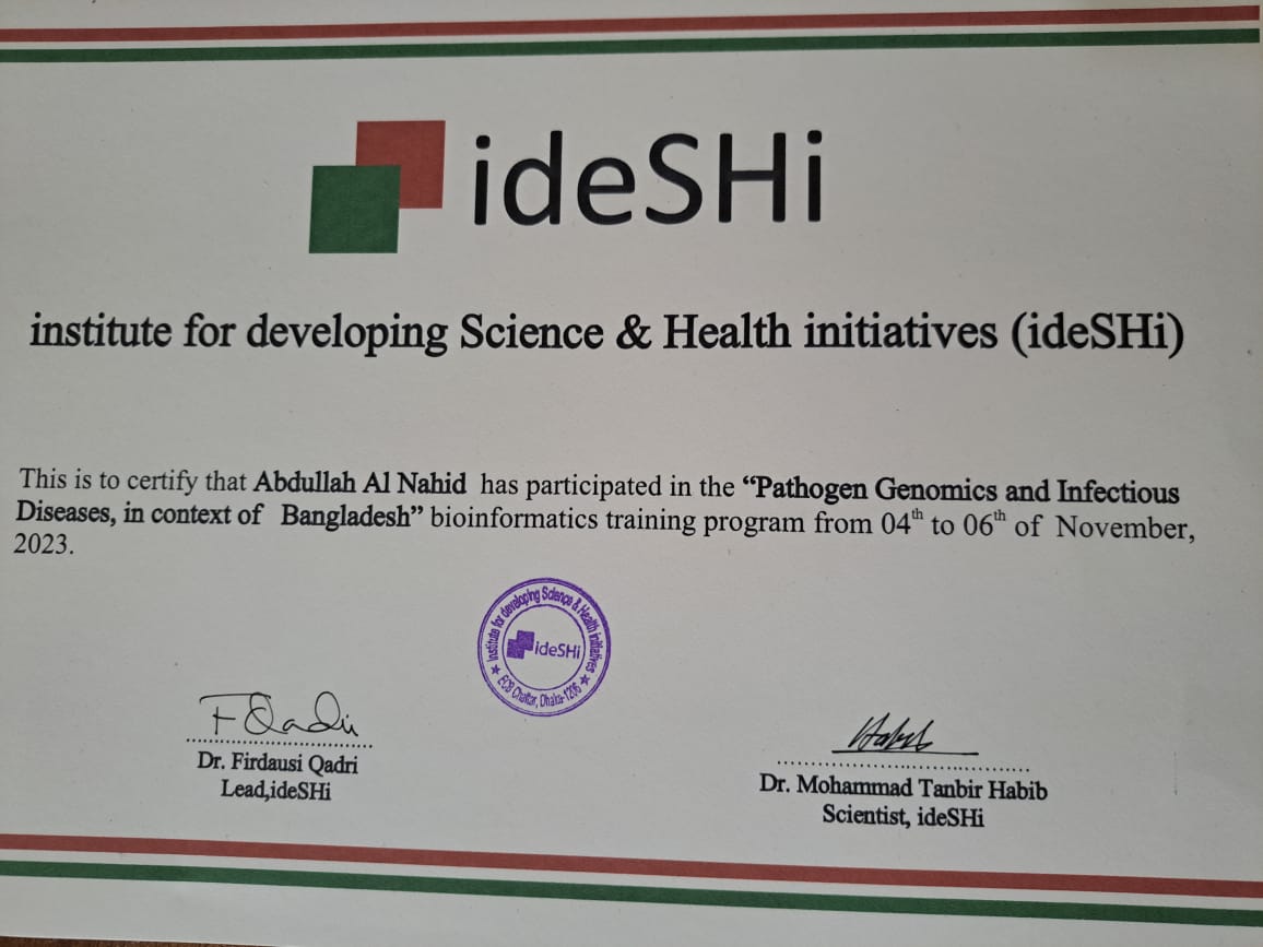 I have participated and co-instructed the 3-days long "Pathogen Genomics and Infectious Diseases, in context of Bangladesh" bioinformatics training program at the Institute for developing Science and Health initiatives (ideSHi), Dhaka, Bangladesh.