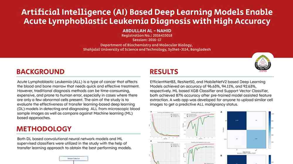 As part of the BMB433 course (Project and Field Work) requirement, I utilized a peripheral blood smear image <a class="urls" href="https://www.kaggle.com/datasets/mehradaria/leukemia">dataset from kaggle</a> on Acute Lymphoblastic Leukemia (ALL) to train transfer-learning based customized DL models (based on EfficientNetB3, ResNet50, and MobileNet architectures) and several ML models to compare their performance. I also developed a streamlit based web app to predict ALL or non-ALL from a given microscopic image. The results had been presented as a poster. The poster PDF can be found <a class="urls" href="/pdf/poster.pdf">here</a>.